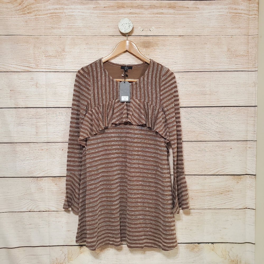 NWT Very J Brown Striped Ruffle Long Sleeve Mini Dress Small